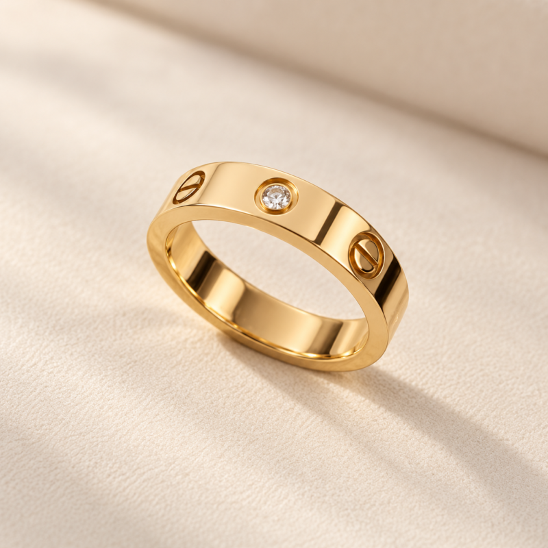 Gold Screw Stone Ring Side View on Beige Display - Velaura Jewells