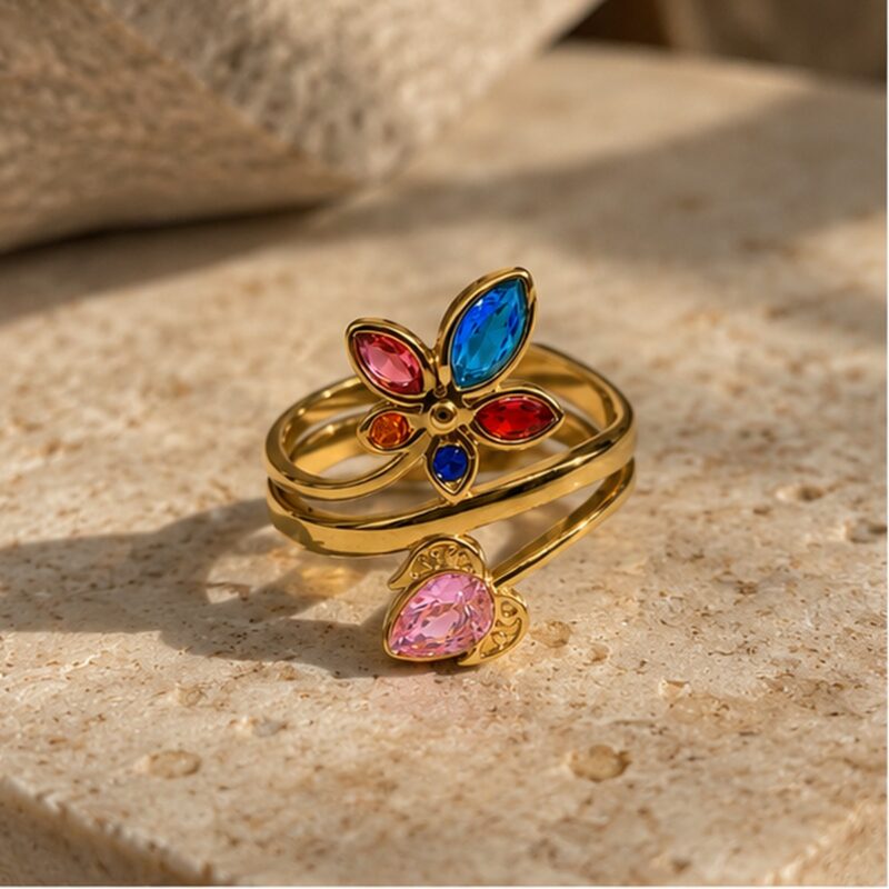 Multicolor Flower Ring with Gold Wrap Band - Velaura Jewells