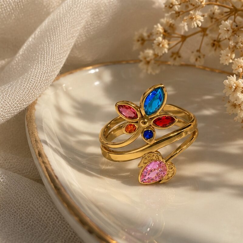 Multicolor Floral Gold Ring on Cream Ceramic Dish